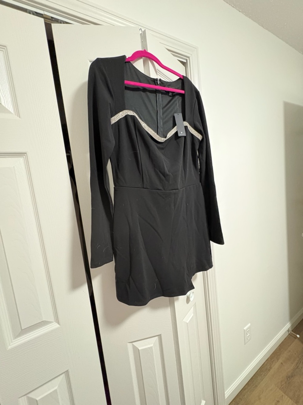 Women’s Black Long-Sleeve Embellished Mini Dress (Romper)